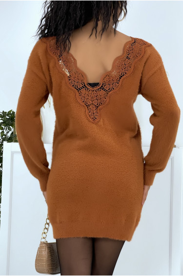 Robe pull Cassy - Cognac - Robe pull duveteux à dos nu en V et dentelles - Cognac - LC00012260 - 2