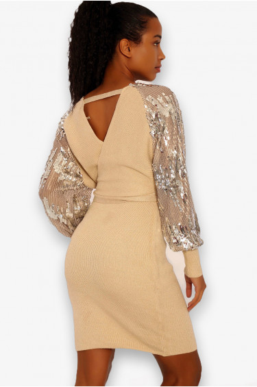 Robe Milena - Beige - Robe cache-cœur pailletée avec manches bouffantes à strass - Beige - LC00012639 - 1