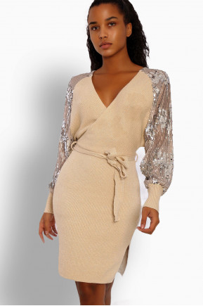 Robe Milena - Beige - Robe cache-cœur pailletée avec manches bouffantes à strass - Beige - LC00012639 - 2