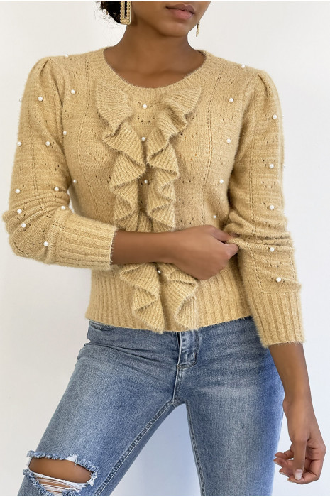 Pull Christine - Camel - Pull à détails perles et volants - Camel - LC00012895 - 2