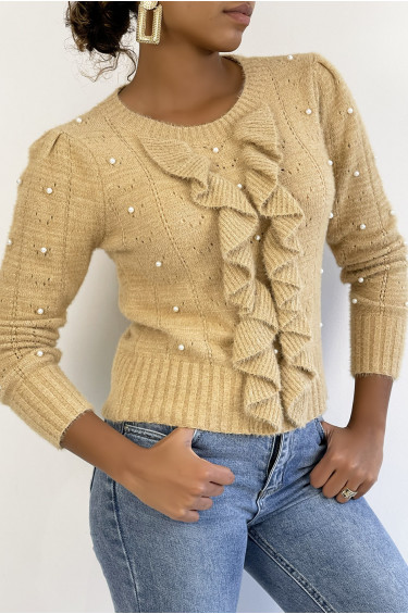 Pull Christine - Camel - Pull à détails perles et volants - Camel - LC00012895 - 3