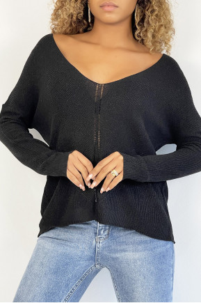 Pull Dominique - Noir - Pull à col V brillant à détail ligne ajourée - Noir - LC00012562 - 1