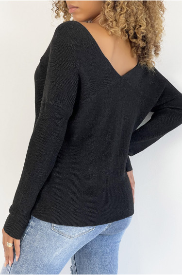 Pull Dominique - Noir - Pull à col V brillant à détail ligne ajourée - Noir - LC00012562 - 4