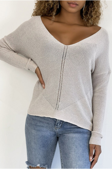 Pull Dominique - Gris - Pull à col V brillant à détail ligne ajourée - Gris - LC00012564 - 5