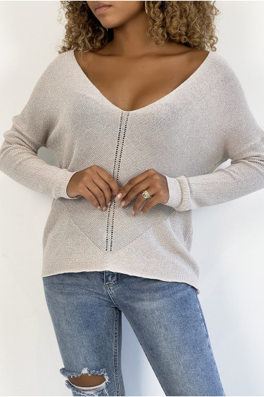 Pull Dominique - Gris - Pull à col V brillant à détail ligne ajourée - Gris - LC00012564 - 6