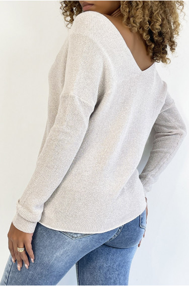 Pull Dominique - Gris - Pull à col V brillant à détail ligne ajourée - Gris - LC00012564 - 8