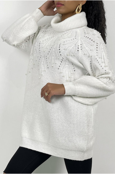 Robe pull Leya - Blanc - Robe pull ample à col roulé en maille avec motifs et perles sur la poitrine - Blanc - LC00016440 - 9