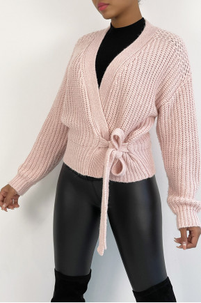 Pull Alba - Rose - Pull cache-cœur en grosses mailles et à manches bouffantes - Rose - LC00012733 - 1