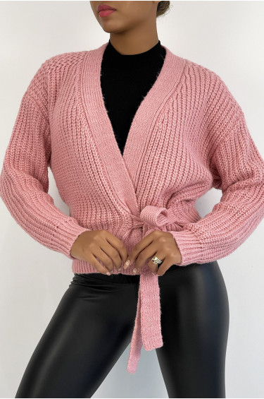 Pull Alba - Rose - Pull cache-cœur en grosses mailles et à manches bouffantes - Rose - LC00012737 - 2