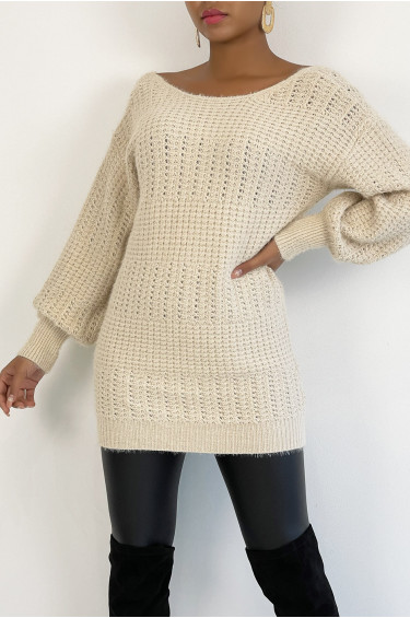 Pull Elia - Beige - Pull dos nu à nouer en grosses mailles et à manches bouffantes - Beige - LC00012647 - 1