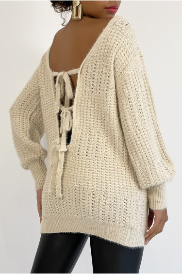 Pull Elia - Beige - Pull dos nu à nouer en grosses mailles et à manches bouffantes - Beige - LC00012647 - 4