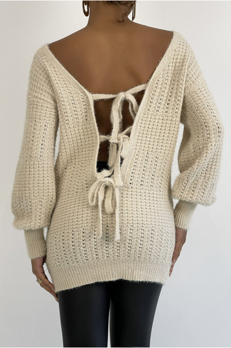 Pull Elia - Beige - Pull dos nu à nouer en grosses mailles et à manches bouffantes - Beige - LC00012647 - 5