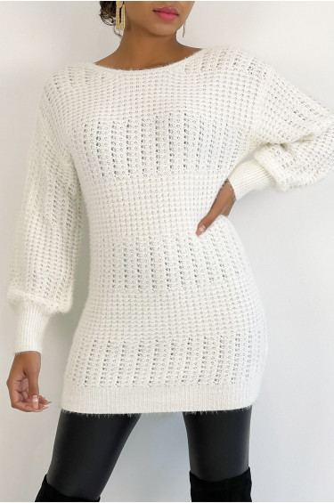 Pull Elia - Blanc - Pull dos nu à nouer en grosses mailles et à manches bouffantes - Blanc - LC00012745 - 1