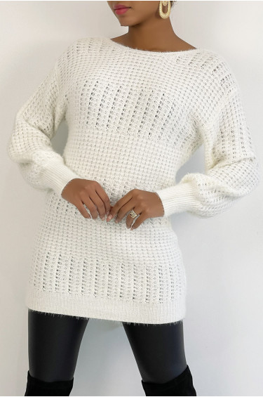 Pull Elia - Blanc - Pull dos nu à nouer en grosses mailles et à manches bouffantes - Blanc - LC00012745 - 2