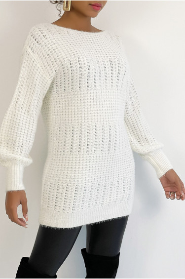 Pull Elia - Blanc - Pull dos nu à nouer en grosses mailles et à manches bouffantes - Blanc - LC00012745 - 3