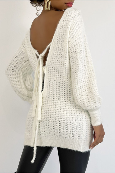 Pull Elia - Blanc - Pull dos nu à nouer en grosses mailles et à manches bouffantes - Blanc - LC00012745 - 4