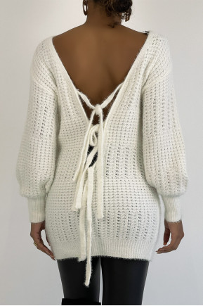 Pull Elia - Blanc - Pull dos nu à nouer en grosses mailles et à manches bouffantes - Blanc - LC00012745 - 5