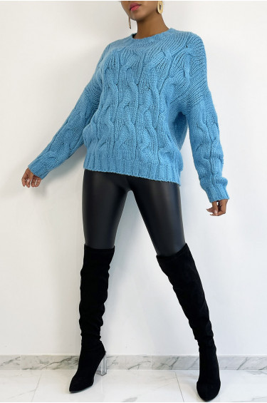 Pull Lena - Turquoise - Pull oversize en grosses mailles tressées - Turquoise - LC00012749 - 2