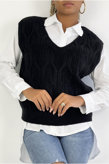 Pull Livia - Noir - Pull sans manches à col V avec motif tressé - Noir - LC00013090 - 1