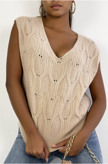 Pull Livia - Camel - Pull sans manches à col V avec motif tressé - Camel - LC00013170 - 15