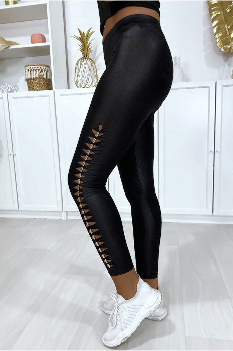 Legging noir brillant très extensible avec accessoire sur les cotés - 1