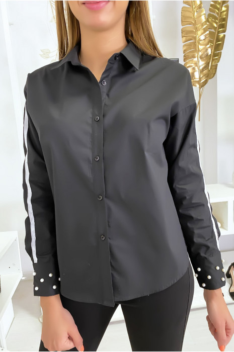 Chemise noir avec bande blanche sur les bras et perles aux manches - 1