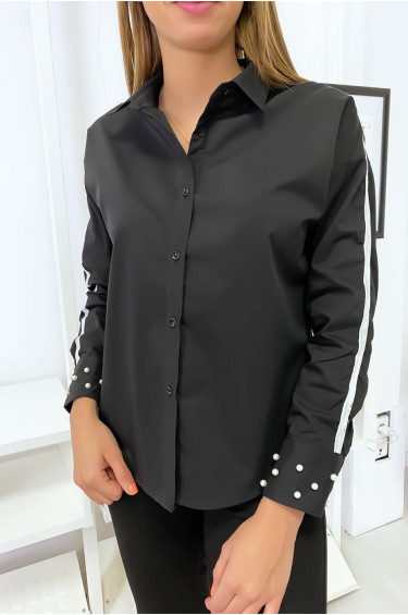 Chemise noir avec bande blanche sur les bras et perles aux manches - 2