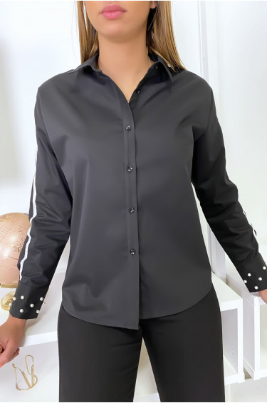 Chemise noir avec bande blanche sur les bras et perles aux manches - 7