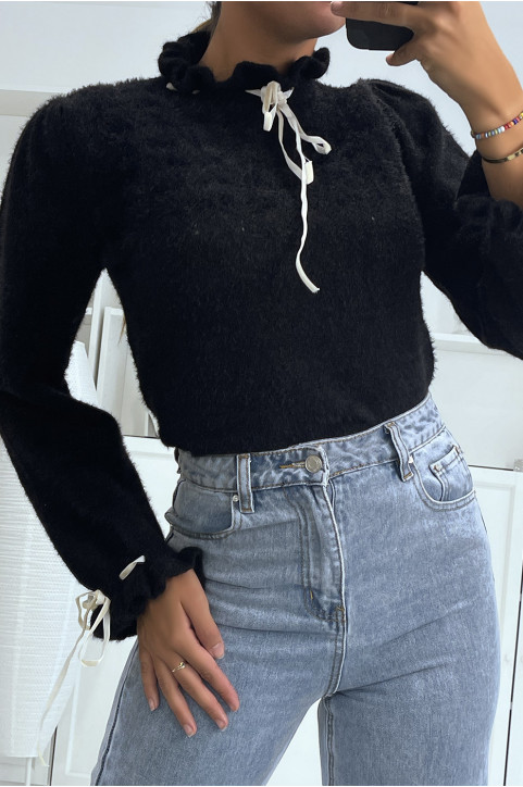 Pull duveteux noir à col montant volanté et lacet - 1