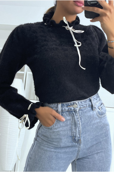 Pull duveteux noir à col montant volanté et lacet - 3