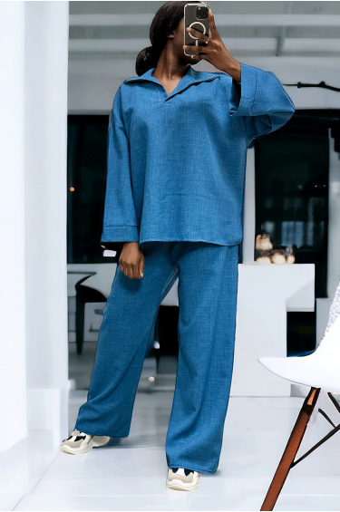 Ensemble tunique et pantalon palazzo bleu over-size - 1