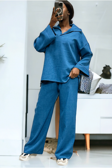 Ensemble tunique et pantalon palazzo bleu over-size - 3