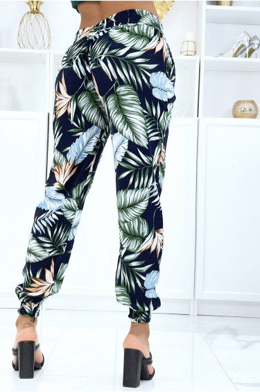 Pantalon marine à feuillage, fluide élastique à la taille et aux chevilles  - 3