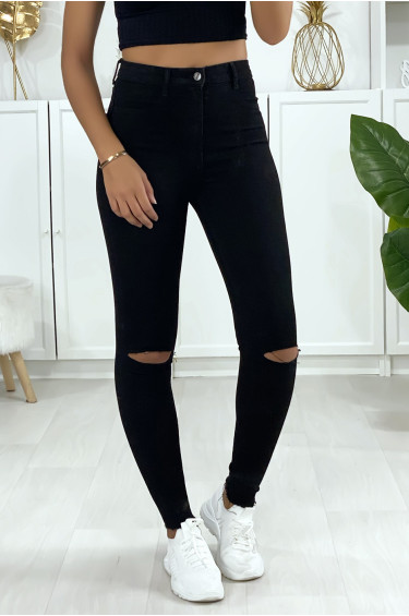 Jeans slim en noir déchiré aux genoux avec poches à l'arrière - 4